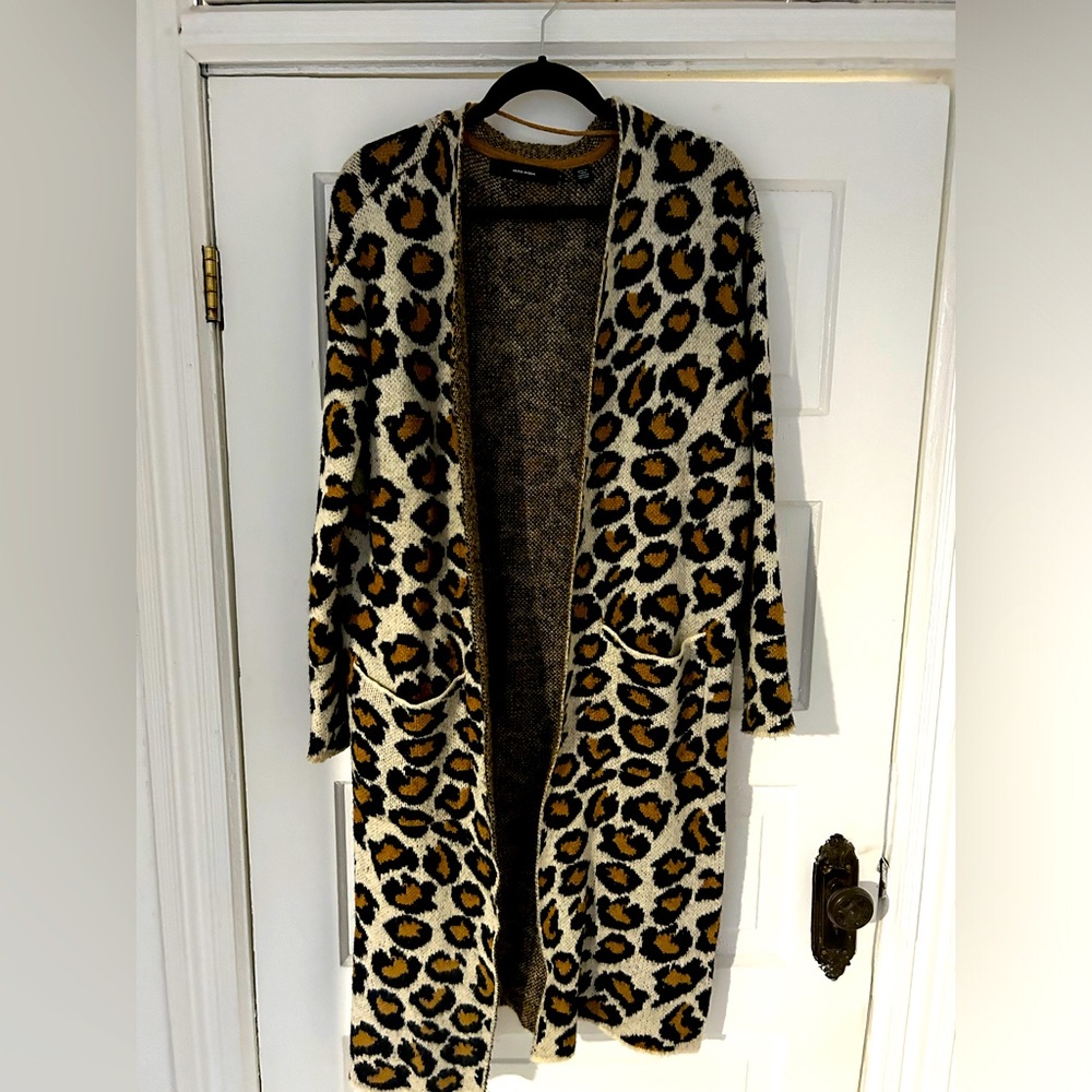 Leopard Open-Front Longline Cardigan Sweater